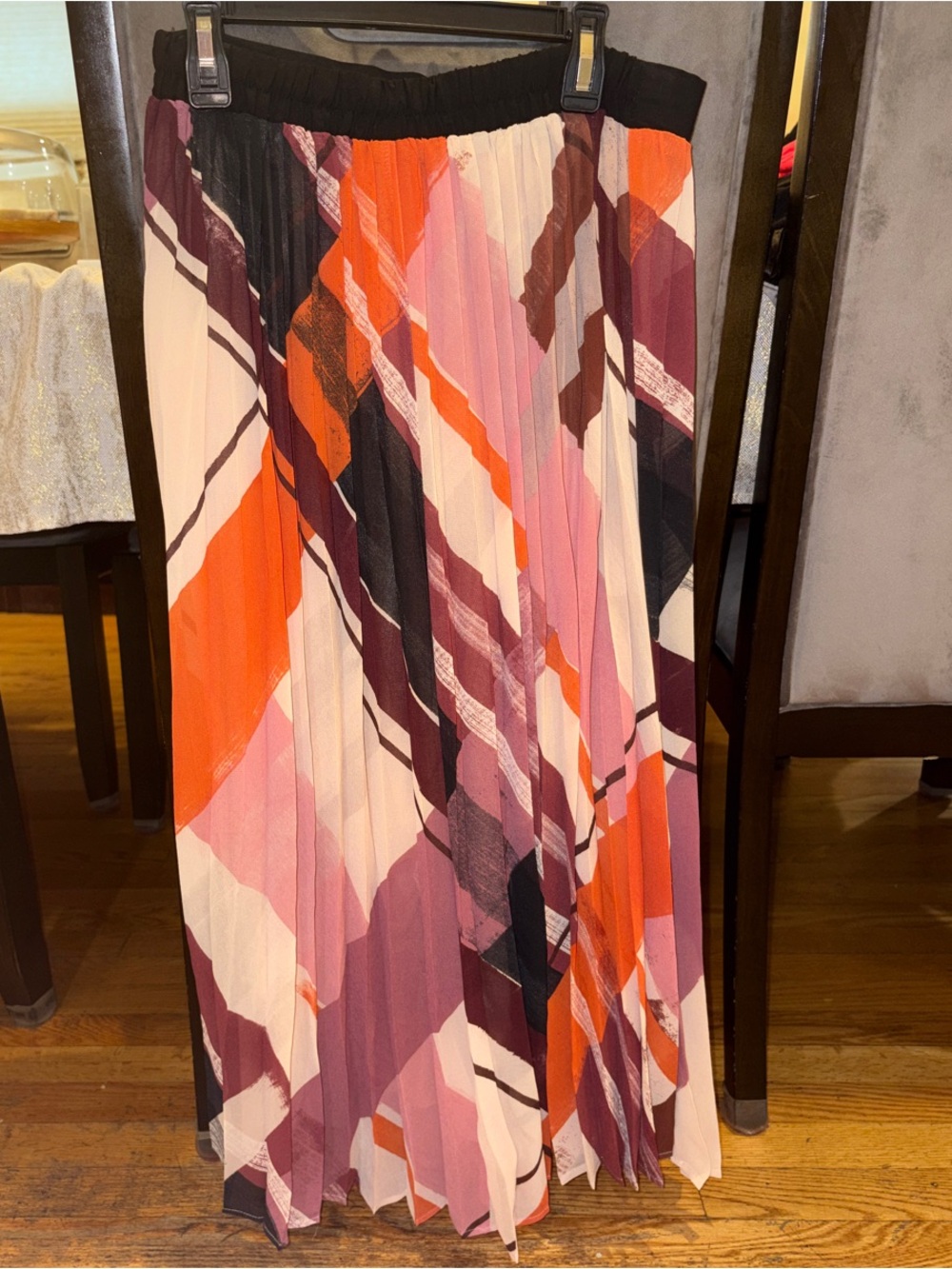 DR2 Pleated Midi Skirt in Orange, Pink & Black Abstract Print